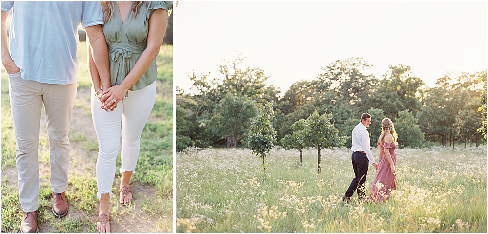 engagement session during sunset in an oklahoma tall grass field with the girl wearing a blush pink long engagement dress